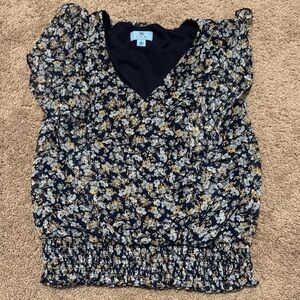 CeCe Navy and Gold Floral Blouse